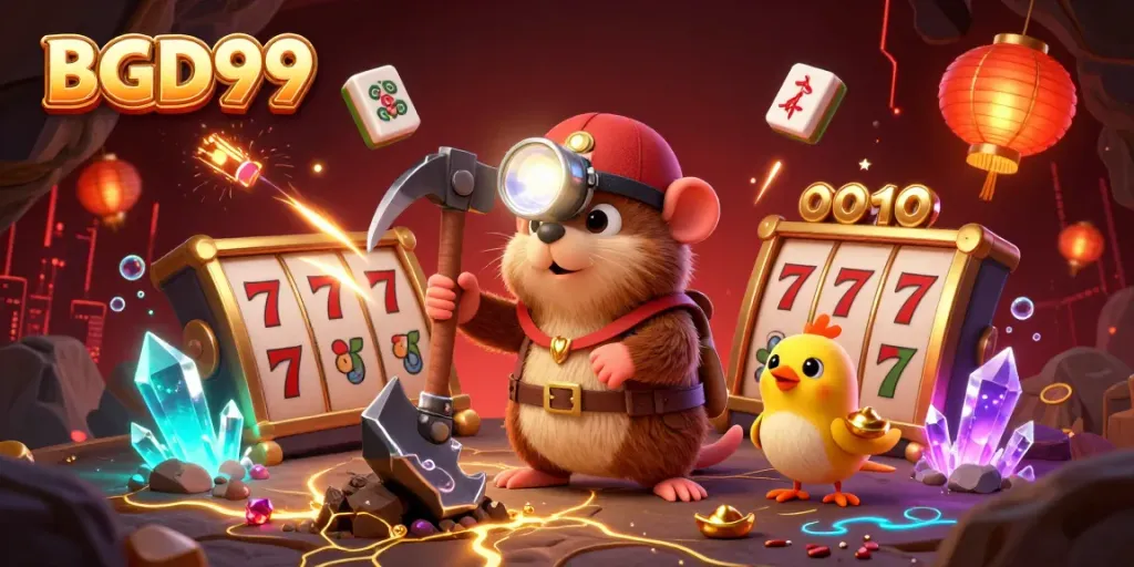 Experience BGD99 with a 3D treasure hunter mole amidst slot reels and vibrant casino elements.