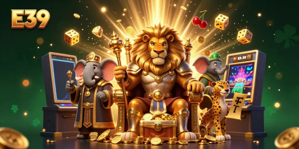 Experience the thrill at E39 with a vibrant 3D casino scene featuring a lion king, elephant, and cheetah amidst dynamic gaming elements.