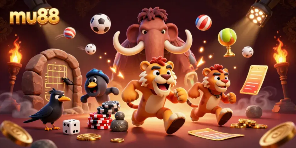 Experience thrilling gaming action at mu88 with animated cavemen and playful casino vibes.
