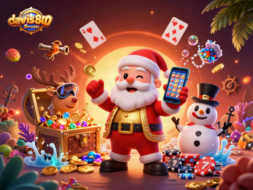 Experience the festive excitement of davis80smusic with Santa winning jackpots in a vibrant casino scene.