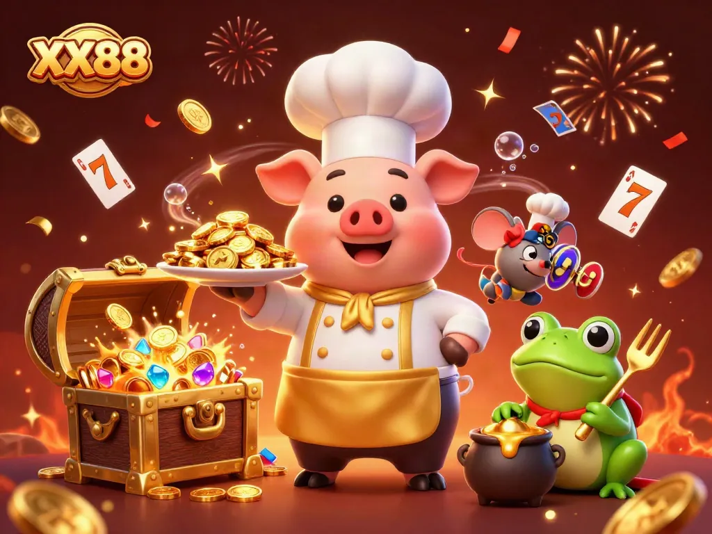Experience the thrill of XX88 with a vibrant scene of a chef pig serving golden coins alongside lively casino game elements.