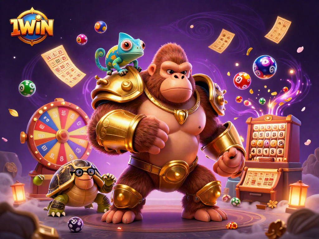 IWIN engages players with a lively 3D illustration featuring a gorilla king and casino elements.