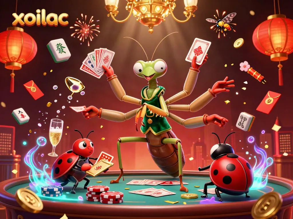 Xoilac's vibrant casino atmosphere features a giant praying mantis card sharp amidst floating mahjong tiles.