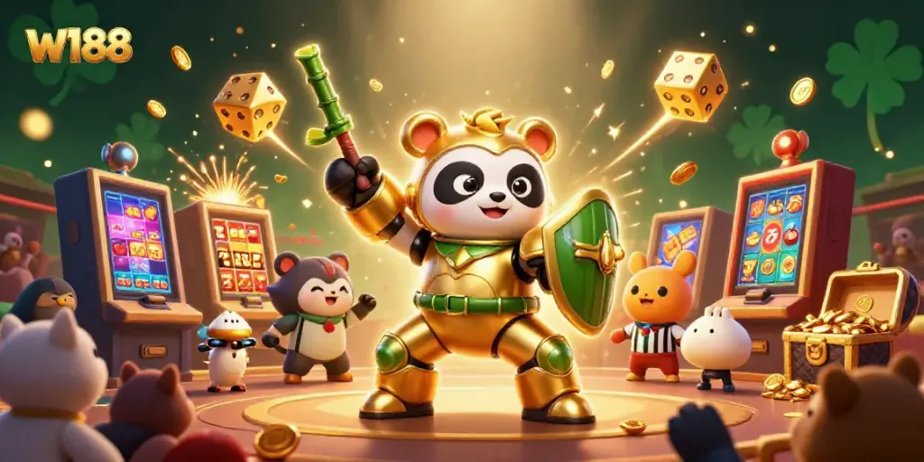 Experience the thrill of w188 with a dynamic 3D illustration featuring a mech-suit panda and casino elements.