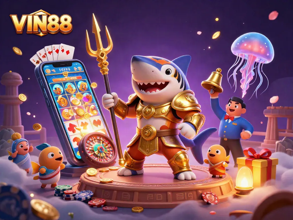 Experience thrilling gameplay with VIN88, where a tiger shark in gladiator armor oversees a vibrant underwater casino world.