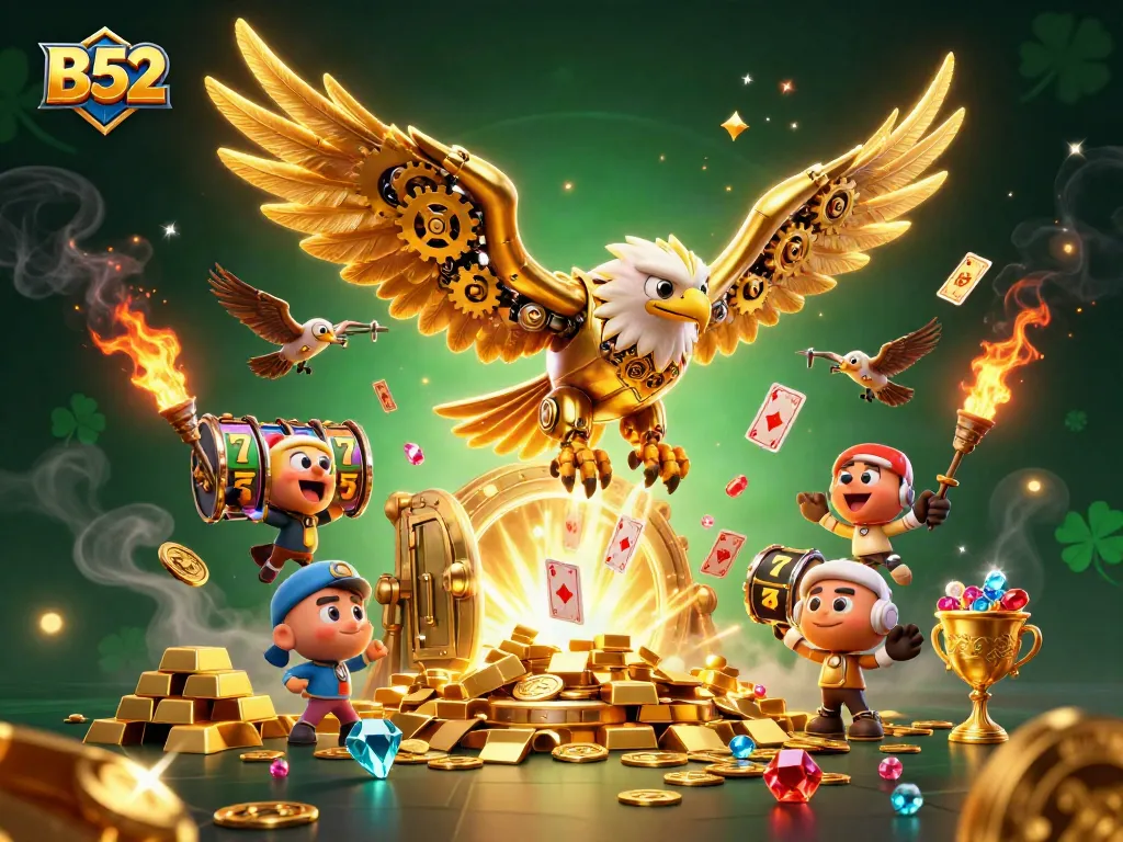 Win big at B52 casino with dynamic playing cards and treasures in a thrilling 3D illustration.