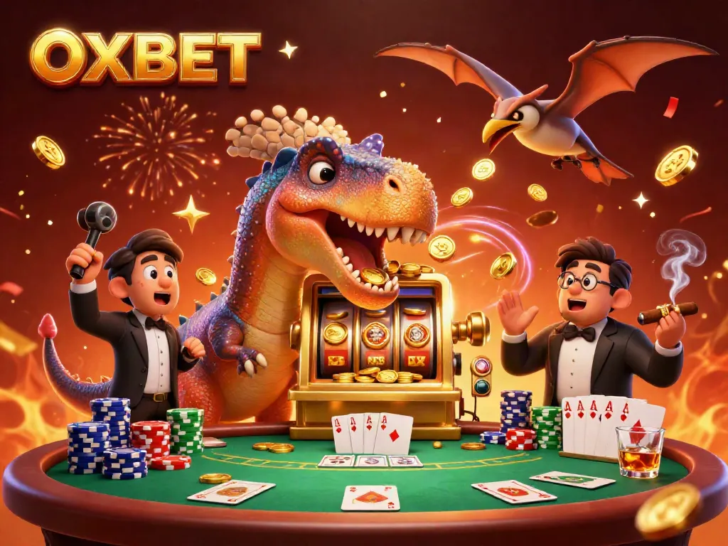 Experience OXBET's thrilling jackpot payout as a dinosaur heads for gold coins in an exciting casino scene.