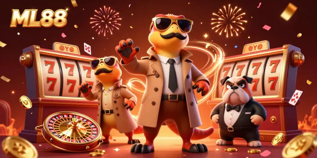 Join ML88's thrilling casino scene with raptors in disguise and casino elements in action.
