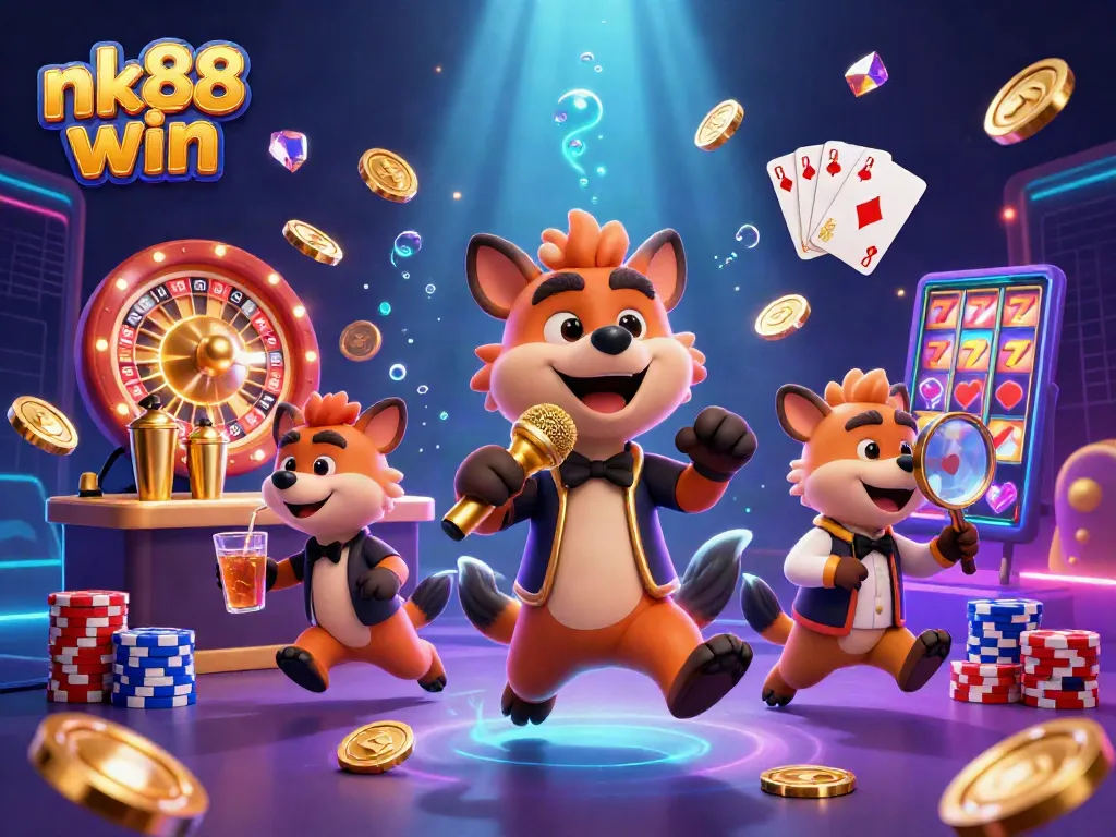 Experience the fun at nk88 win casino club with lively hyenas amidst golden coins and glowing lights.