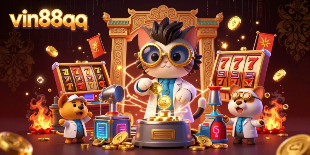 Experience thrilling wins at vin88qq with a vibrant casino scene featuring slot games and gold coins.