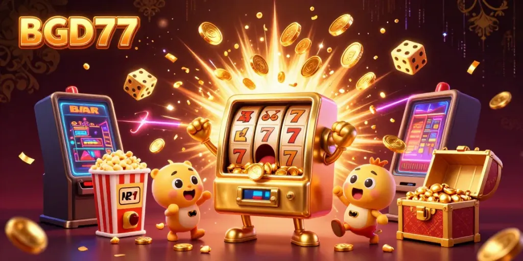 Experience BGD77's thrilling jackpot moment with animated slot machines and golden coins in dynamic action.