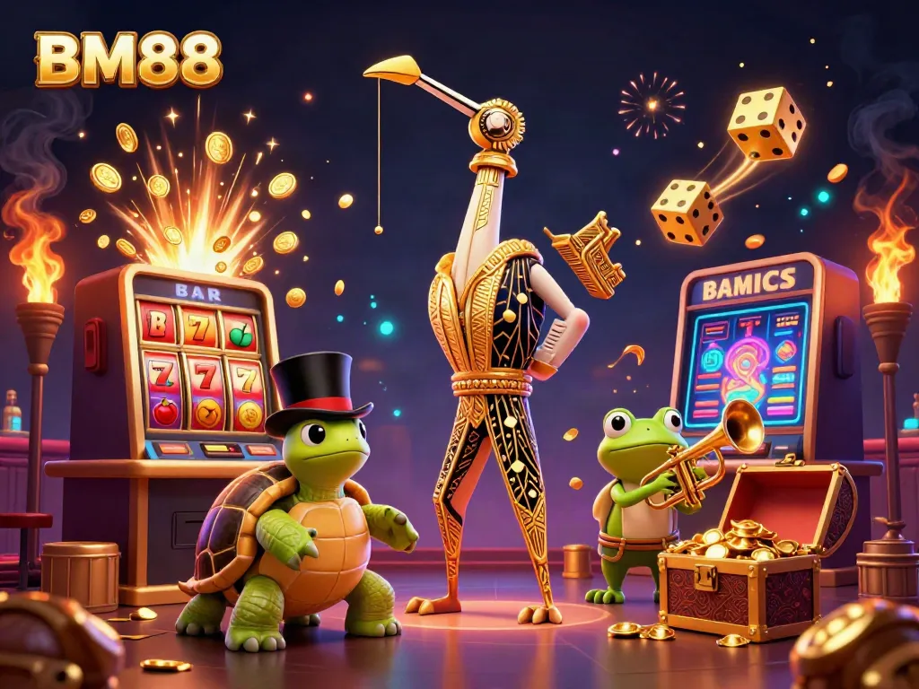 Engage with BM88's exciting world of online gaming, featuring vibrant characters and casino-themed elements.