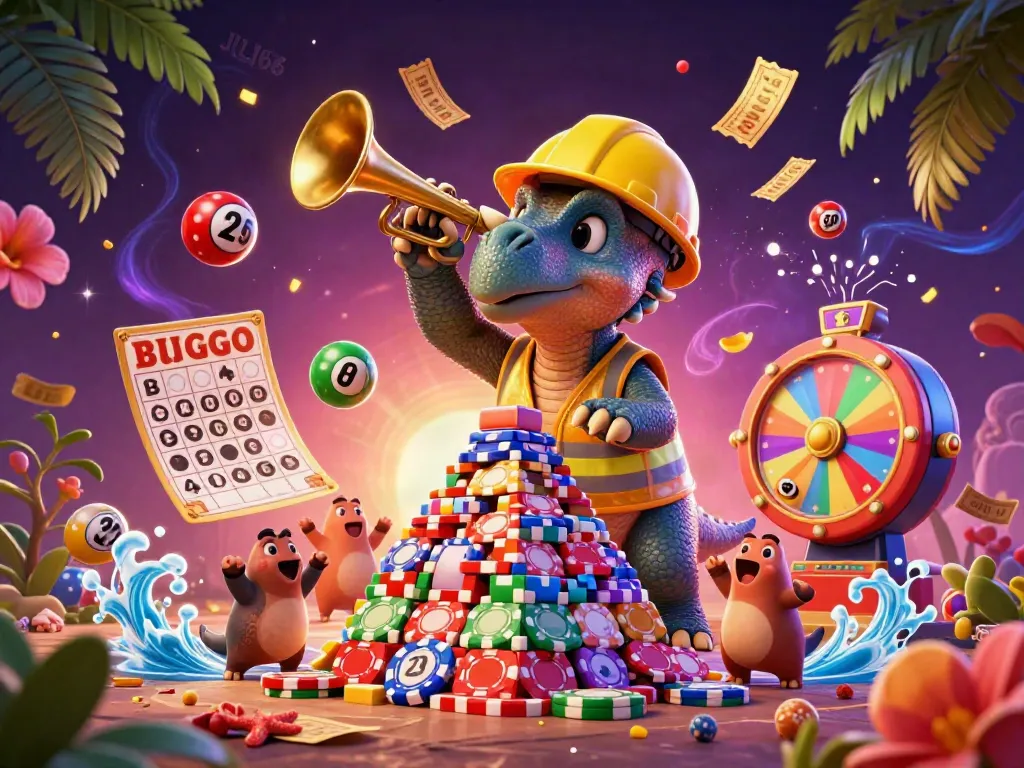 Engage with JILI66's vibrant gaming scene featuring a triceratops, lively animations, and casino elements.