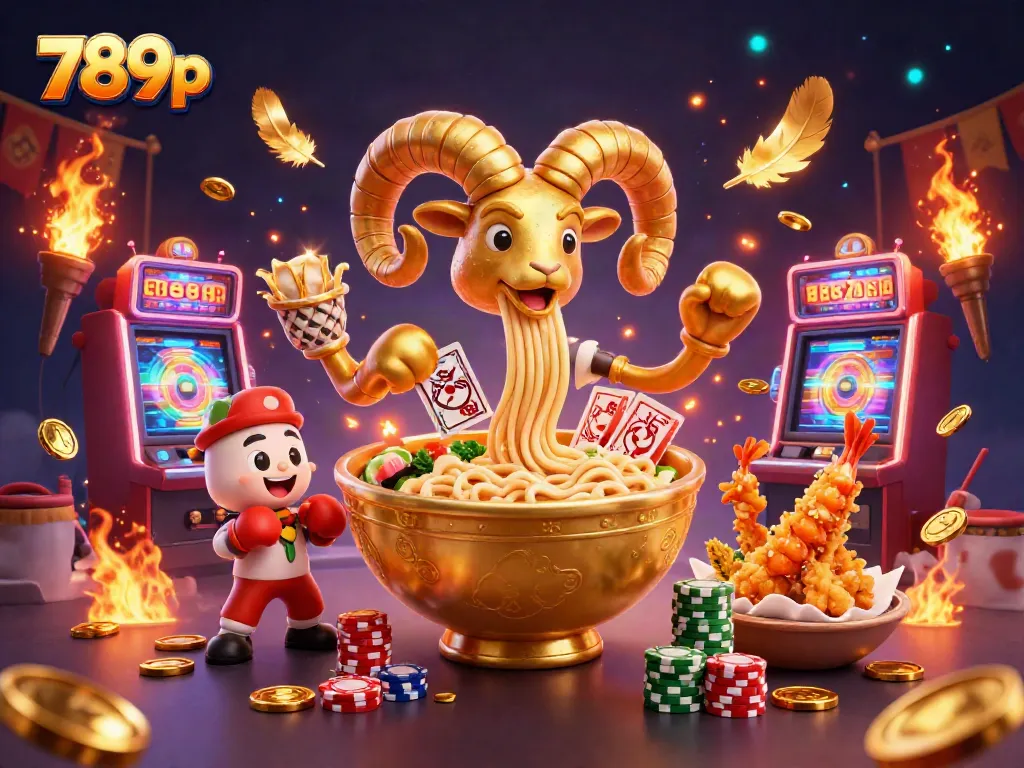Engaging 3D illustration of 789p, featuring a giant ramen bowl and casino elements, creating vibrant excitement.