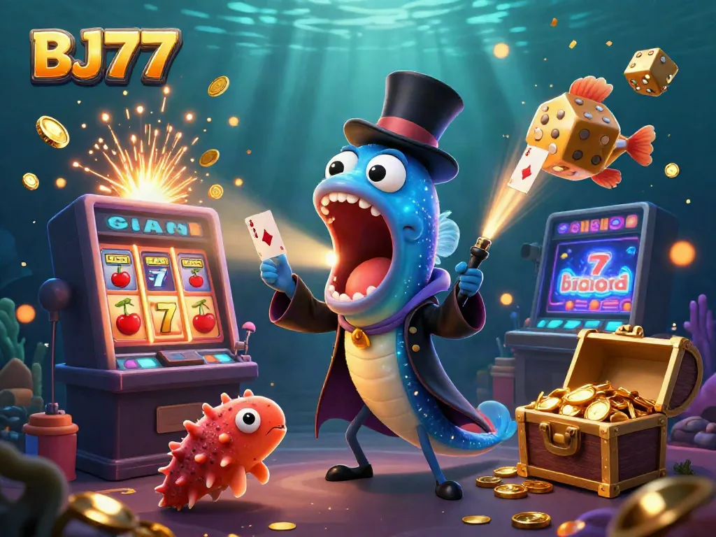 Watch the BJ77 deep-sea magic show with thrilling card tricks and vibrant casino elements.