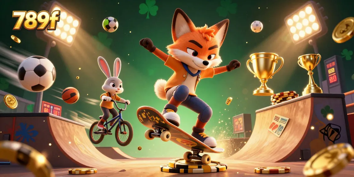 Experience excitement with 789f, where a skateboarder fox and BMX rabbit compete in a vibrant casino-themed scene.