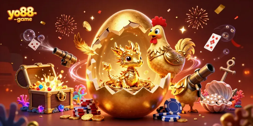 Experience thrilling gameplay at yo88-game with a golden dragon and poker chips in a dynamic casino scene.