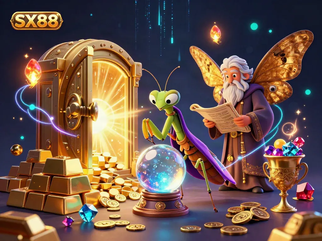 SX88 - Immerse in the vibrant casino scene of a fortune teller and librarian amidst a treasure-filled atmosphere.
