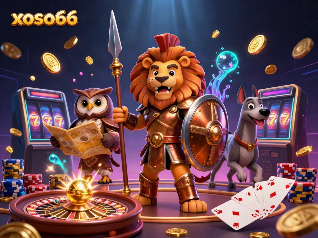 Experience thrilling games at xoso66 with a dynamic illustration of a Spartan lion and casino elements.