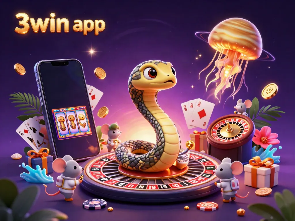 Experience the thrilling world of 3win app with a cosmic casino scene featuring a roulette snake and astronaut mice.