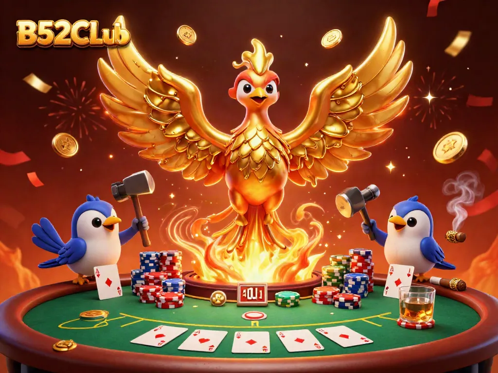B52CLub showcases a molten phoenix and poker elements in a vibrant, festive casino scene.