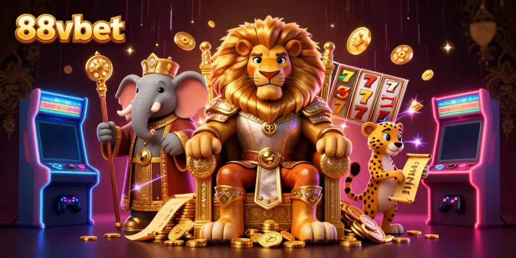 Engage with 88vbet's thrilling gaming experience featuring a regal lion, elephant advisor, and cheetah messenger.