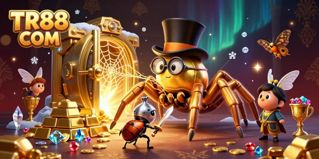 Engage with the excitement of TR88 COM, featuring a vibrant golden tarantula and beetle knight in an epic casino scene.