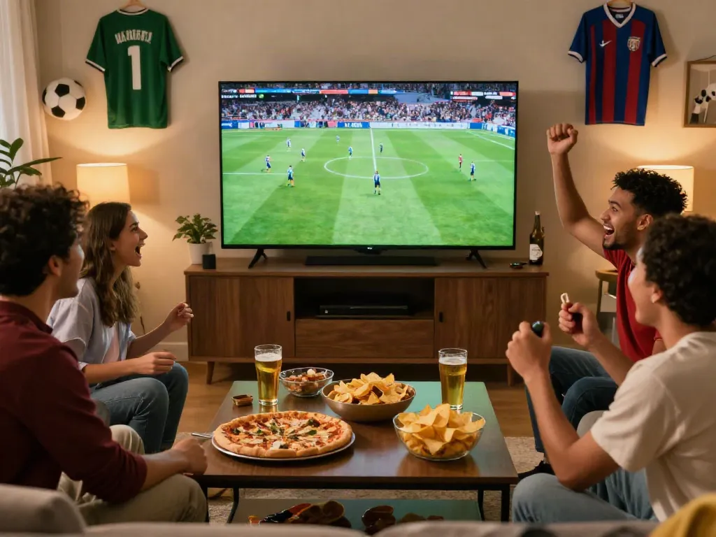 Cakhiatv live football action viewed by friends in a lively living room.