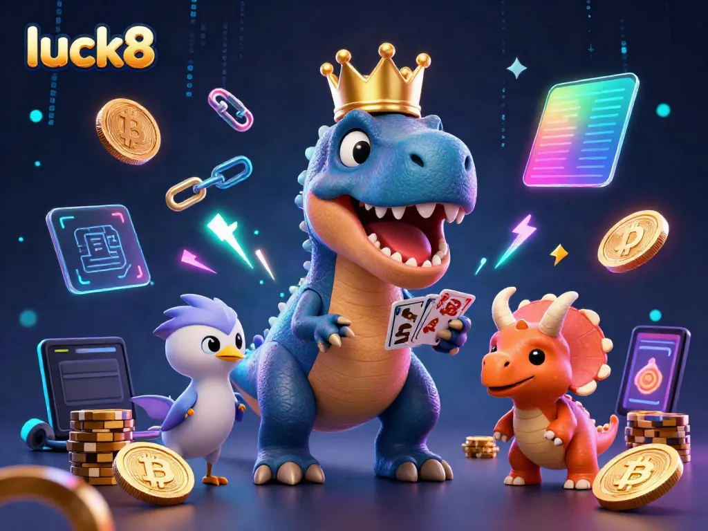 Watch a playful luck8 T-Rex shuffle cards while a pterodactyl assists and a triceratops stacks chips, showcasing casino fun.