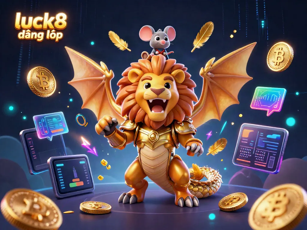Spin and win at luck8 đăng nhập with an energetic 3D chimera and crypto elements illustrating gaming excitement.