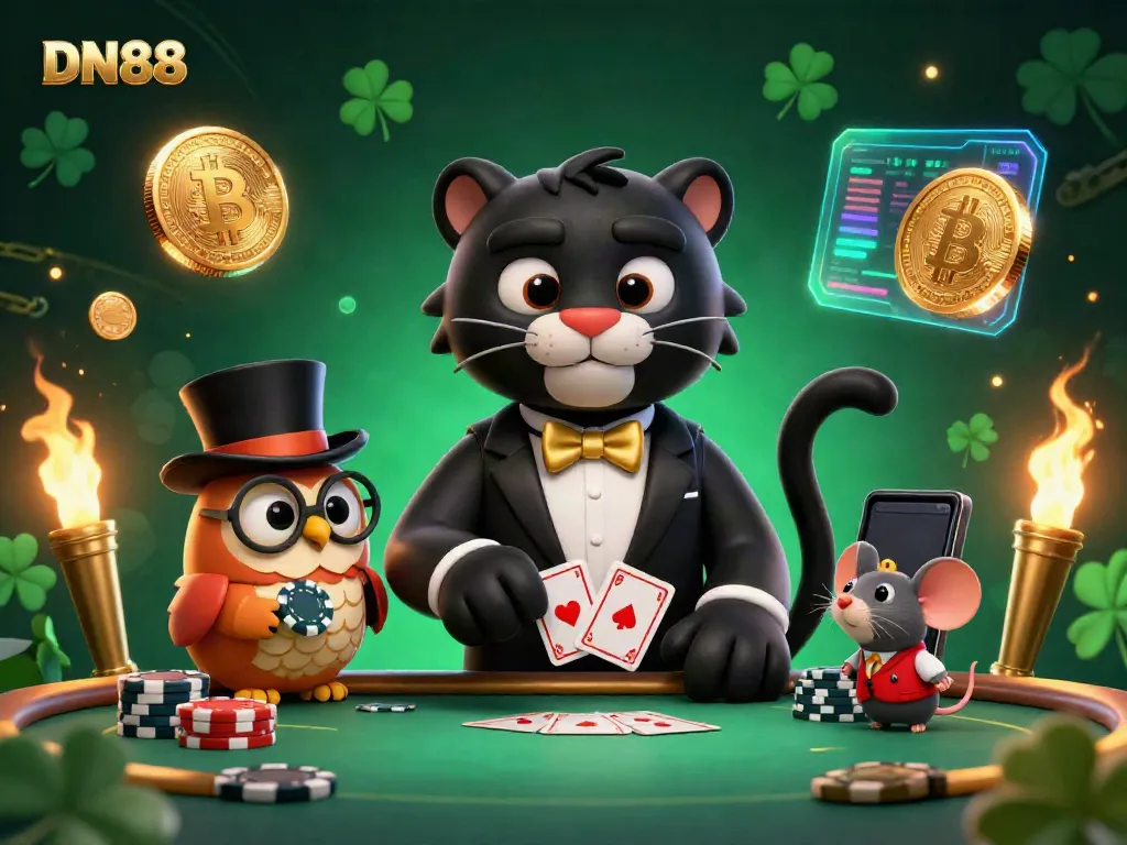 Experience the exciting world of DN88 with a stylish panther, owl, and lucky mouse in a vibrant gambling scene.