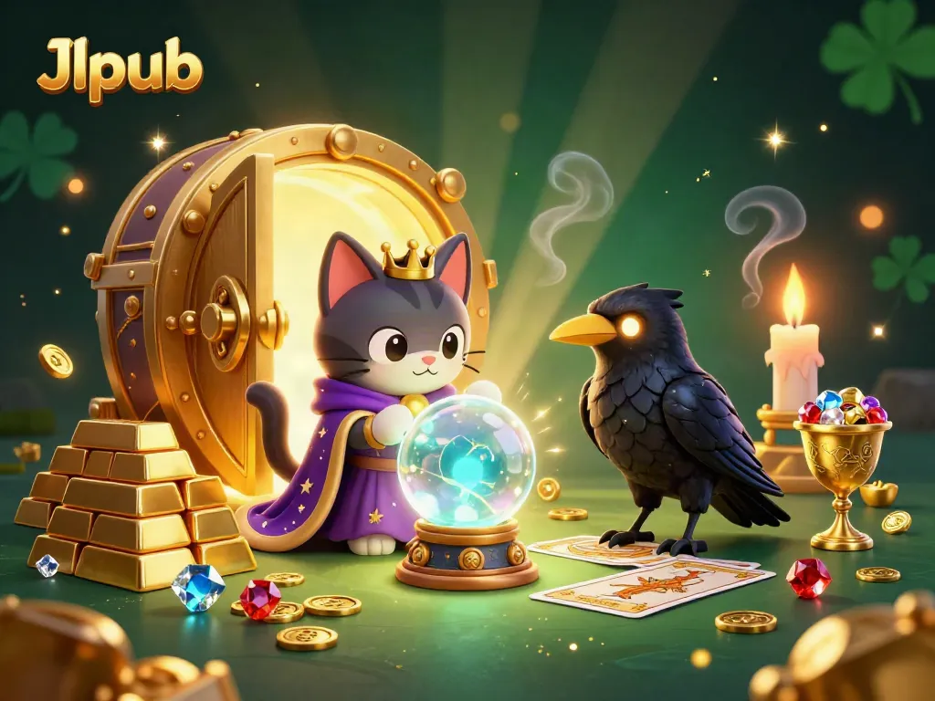 Experience thrilling wins at Jlpub with mystic characters among gold treasures in a lively casino scene.