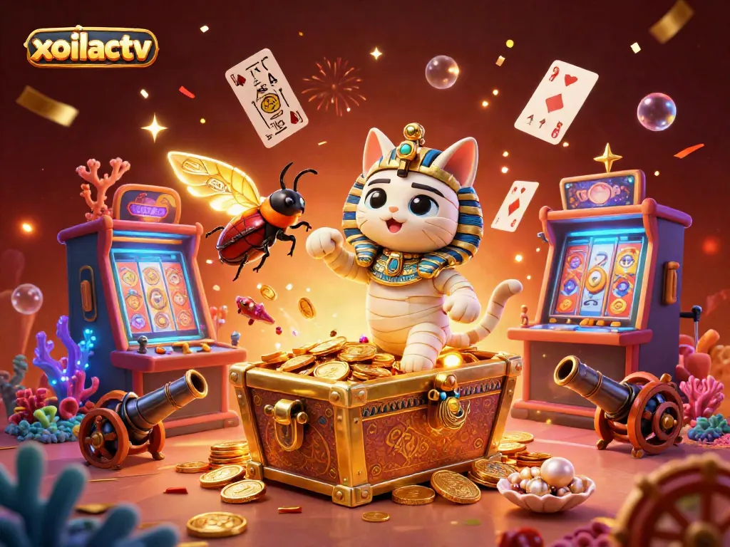 Spin and win with xoilactv as the Egyptian mummy cat and scarab beetle animate the casino scene.