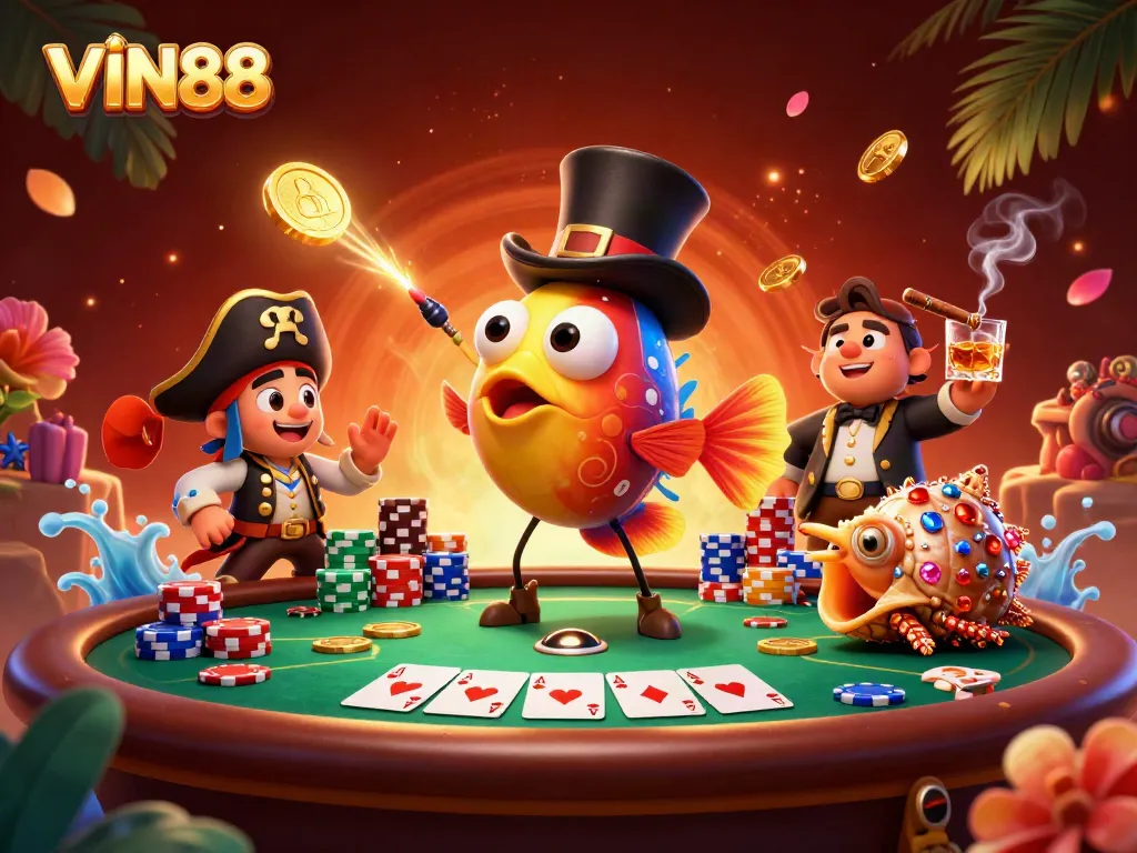 Engage with VIN88 at a vibrant casino scene where glowing coins are attracted by unique characters.