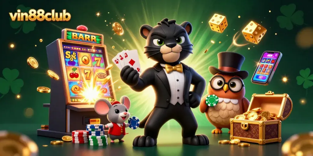 Engage with vin88club in an action-packed casino scene featuring a tuxedo-clad panther and vibrant elements.