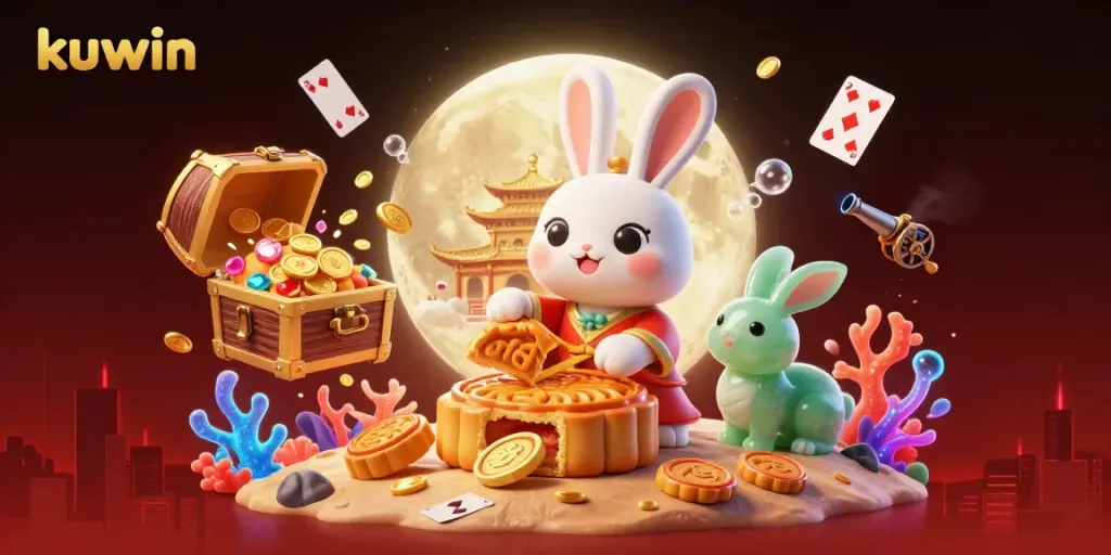 Kuwin-themed casino scene featuring a moon rabbit, poker chips, and vibrant game elements.