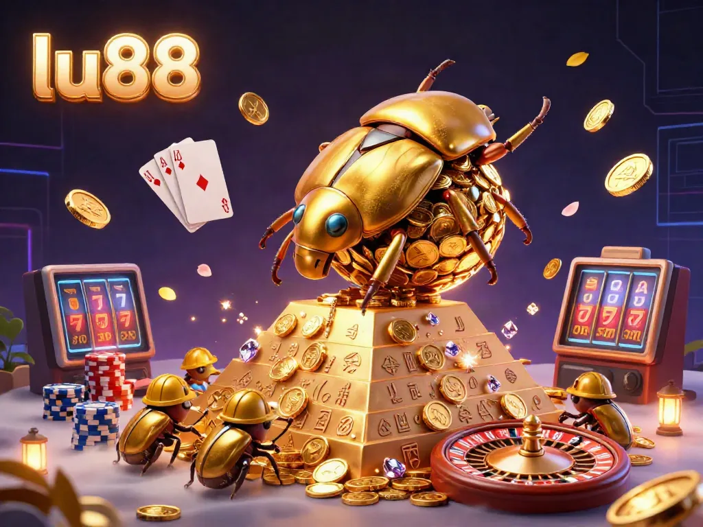 Experience thrilling wins at lu88 with a vibrant 3D scene of a golden beetle rolling coins, casino games, and sparkling gems.