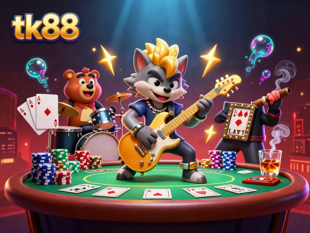 Experience thrilling gameplay at tk88 casino with a vibrant 3D cartoon scene of a rock star wolf and drummer bear.