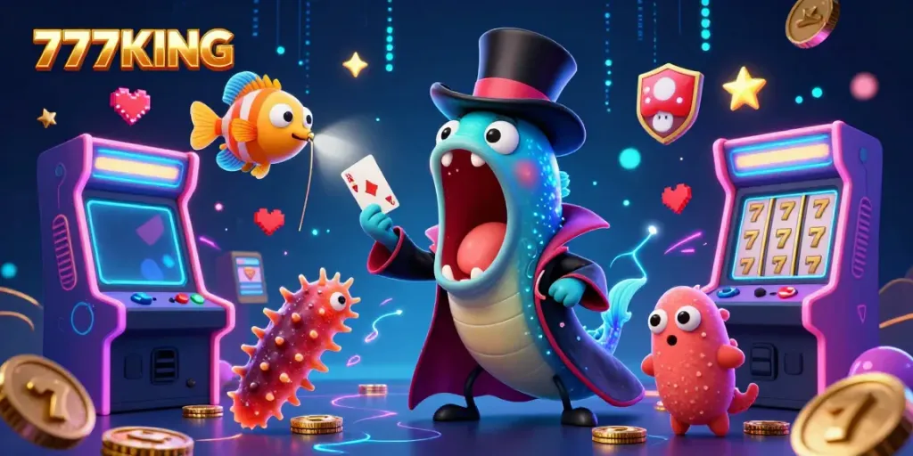 Engage with 777KING's thrilling underwater casino adventure through a vibrant illustration showcasing unique gaming characters.