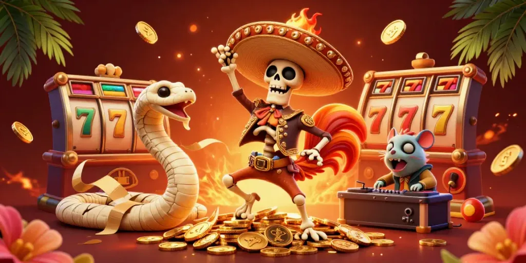 Experience exciting wins with SUNWIN's dynamic scene of a festive casino celebration featuring vibrant characters, slot reels, and golden coins.