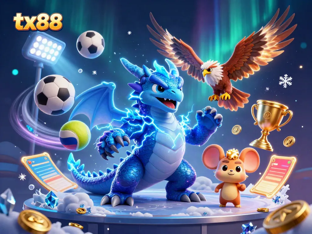 Experience the excitement of tx88 with a 3D cartoon illustration featuring dynamic sports betting elements.
