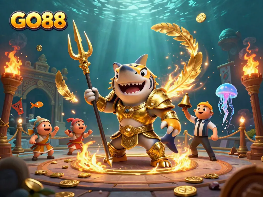Explore GO88's dynamic underwater colosseum with a fierce tiger shark and cheering crowd.