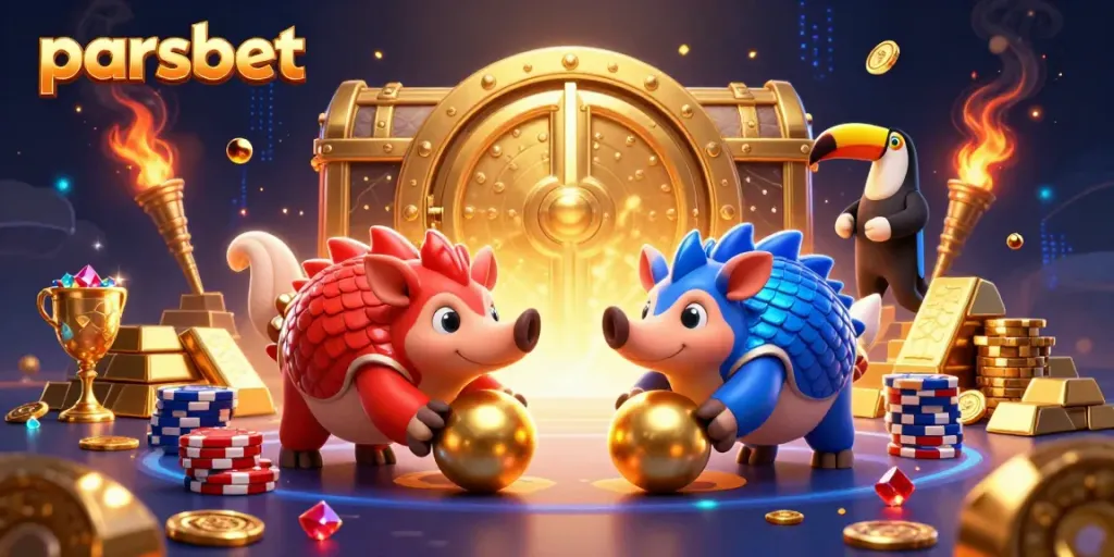 Rival pangolins in battle at parsbet casino, surrounded by golden treasures and poker chips.