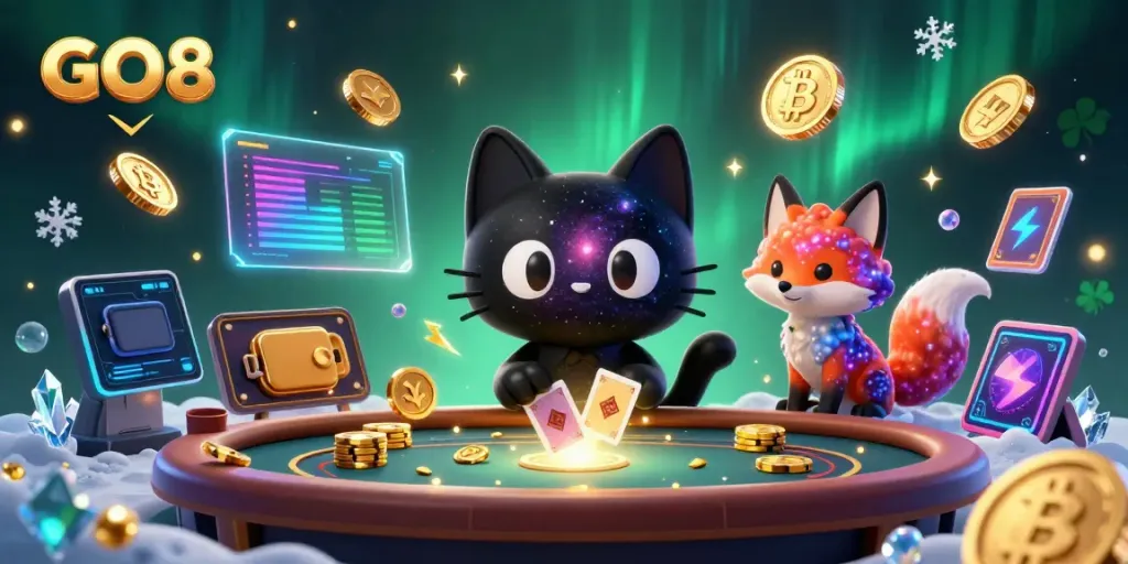 Join the cosmic excitement of GO8 with a black hole cat and nebula fox at the casino table.
