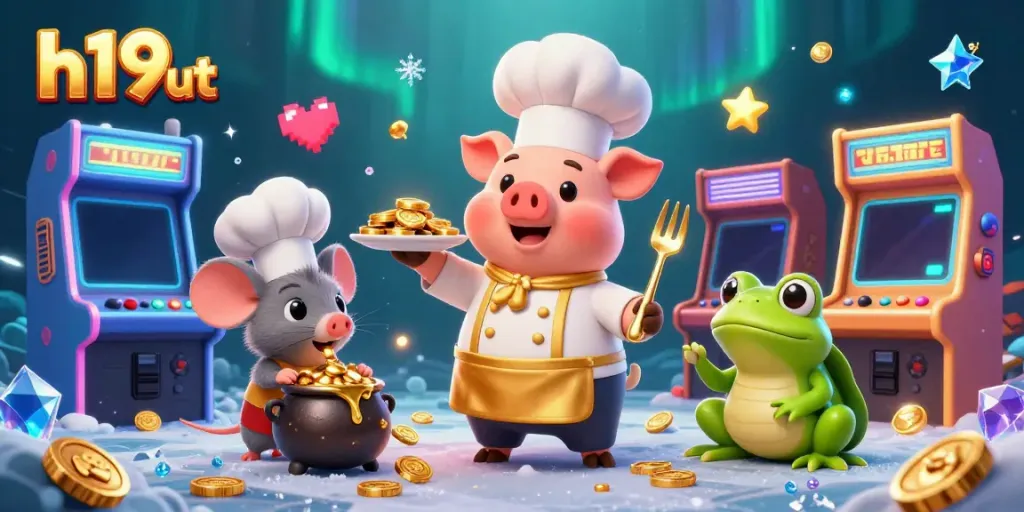Engage with h19's vibrant casino world, featuring cartoon chef, mouse, and frog in a rich, layered 3D scene.
