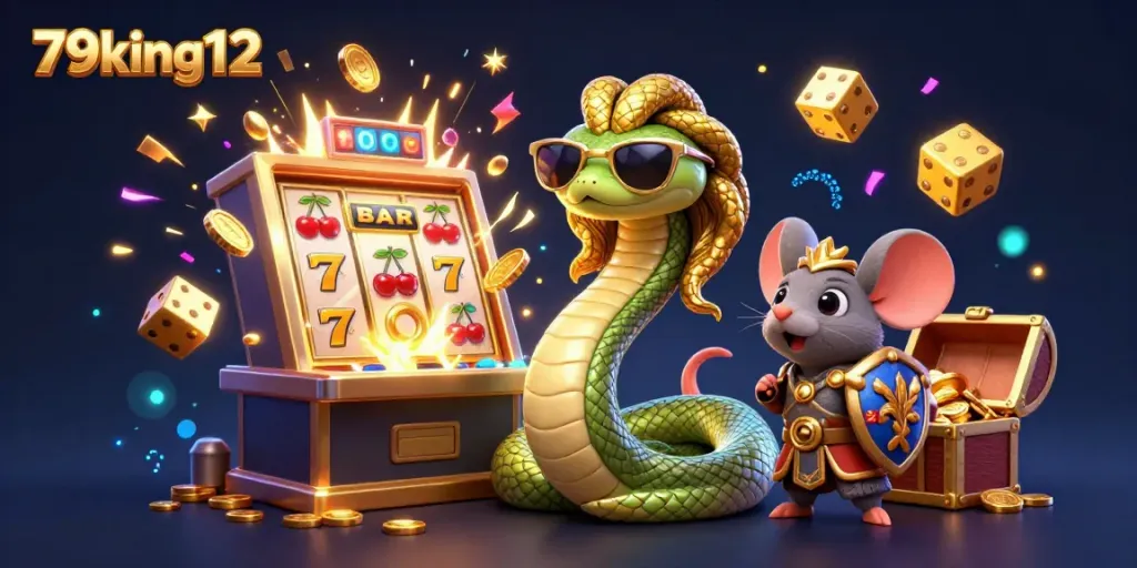 Experience the exciting jackpot thrill with 79king12 in a vibrant casino scene featuring Medusa and a warrior mouse.