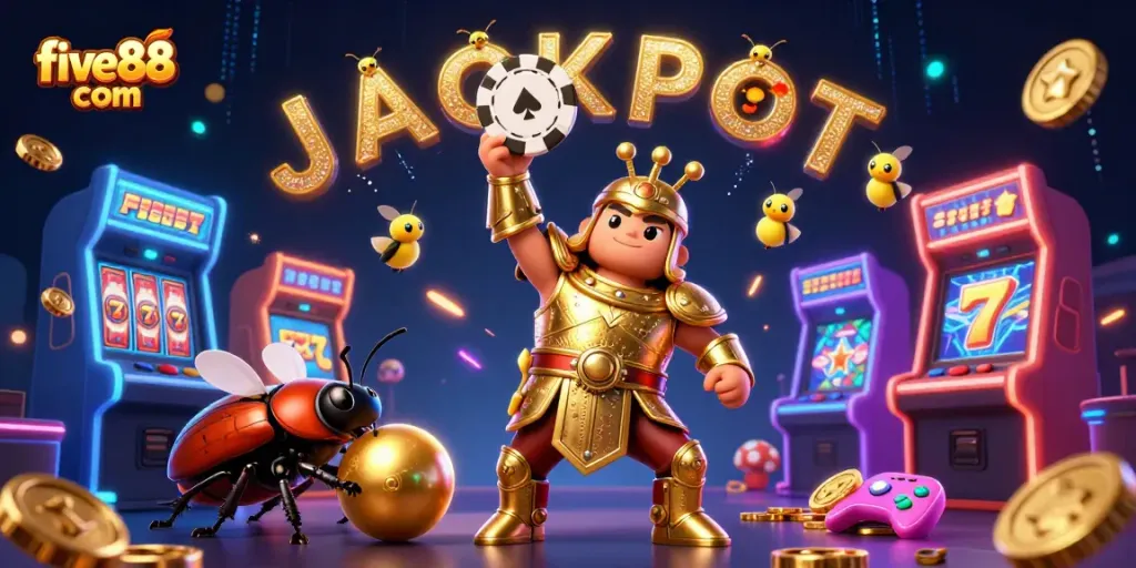 Experience excitement at five88 com with vibrant 3D characters celebrating jackpot wins in a lively gaming scene.