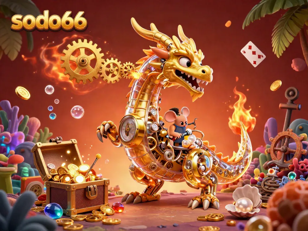Experience the thrill of sodo66 with a vibrant 3D casino illustration showcasing a golden dragon and dynamic game elements.