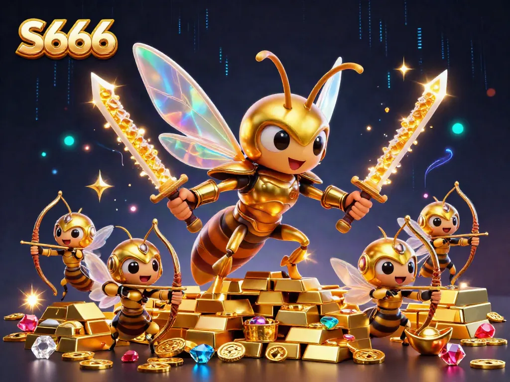 S666 Casino's vibrant world, featuring samurai hornet and bee archers celebrating with gold and jewels.