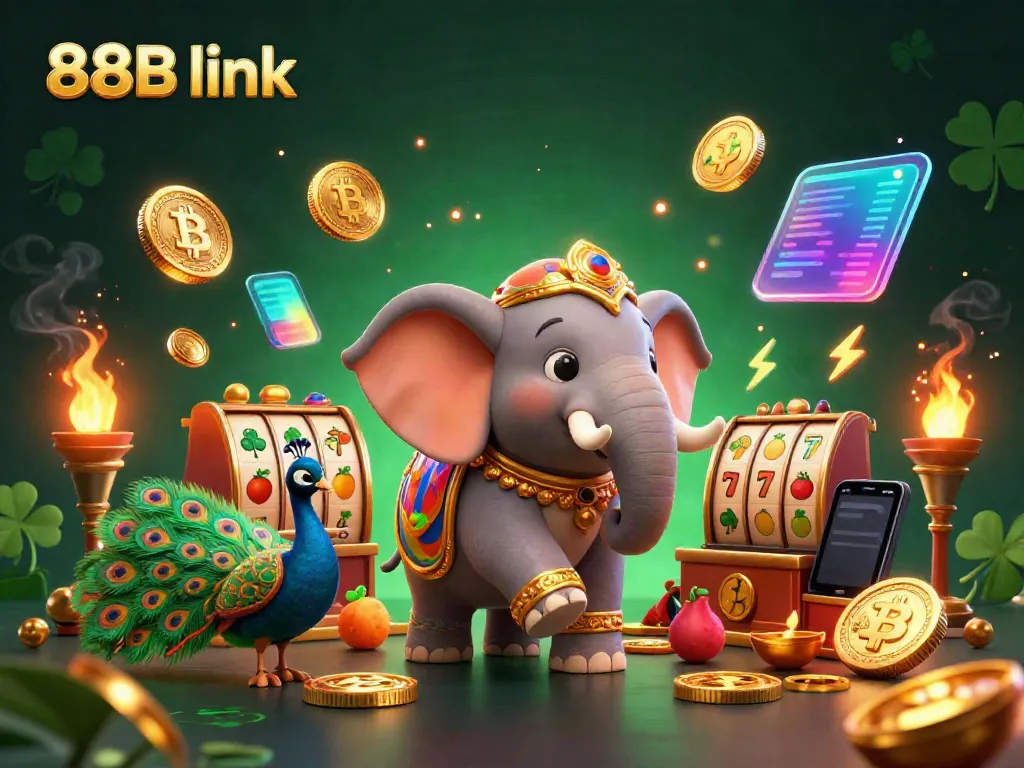 Engage with the vibrant 88B link casino scene featuring ornate elephant and colorful slots bursting with energy.
